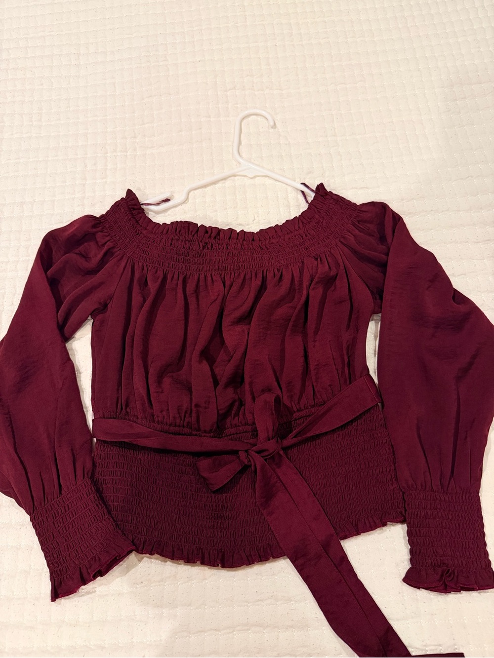 Express Burgundy Off-Shoulder Smocked Waist Blouse